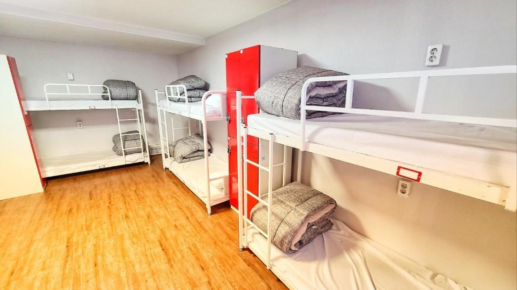 An empty dorm room with bunk beds ready for guests, illustrating mixed dorm and private inventory setup.